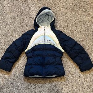 Nike Kids Reversible Dark Blue and White Hooded Puffer Jacket